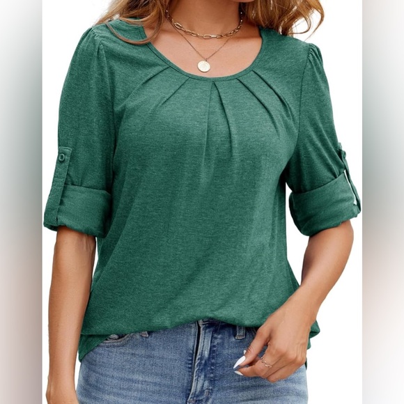 Blocac Tops - Long Sleeve Shirts for Women Fall Pleated Front Round Neck  3/4 Roll Up Sleeve